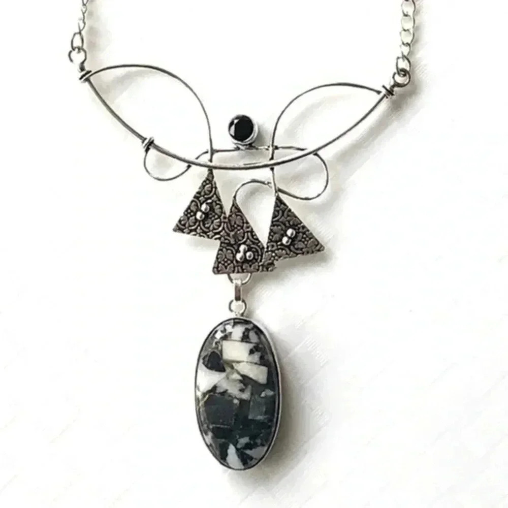 Copper White Buffalo Turquoise & Onyx 925 Sterling Silver Necklace NWT